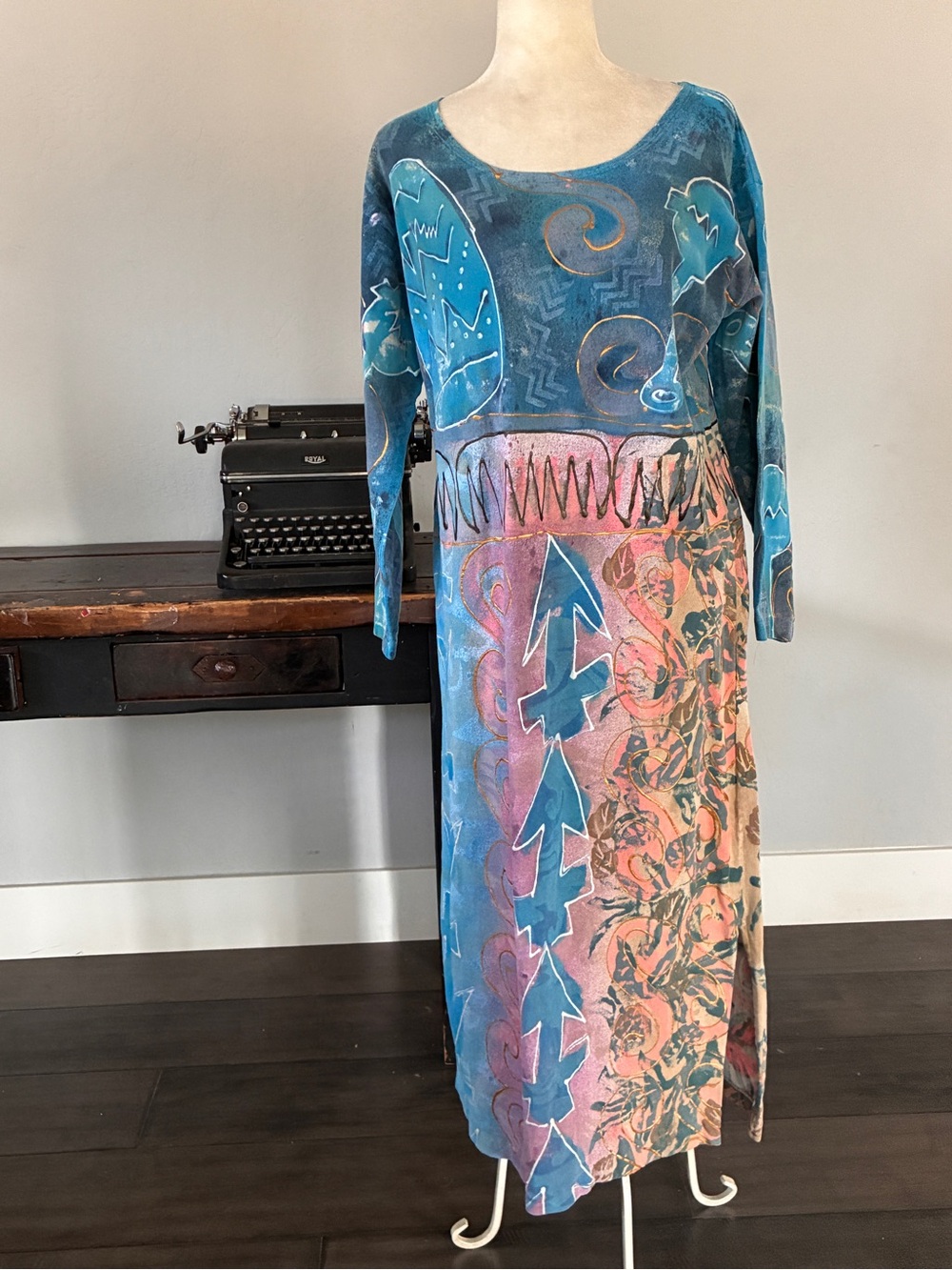 Vintage 1995 V.C. Torias Hand-Painted Abstract Maxi Dress in Bold Blue- Size M/L